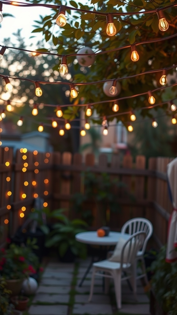 A cozy small garden patio with string lights illuminating the space