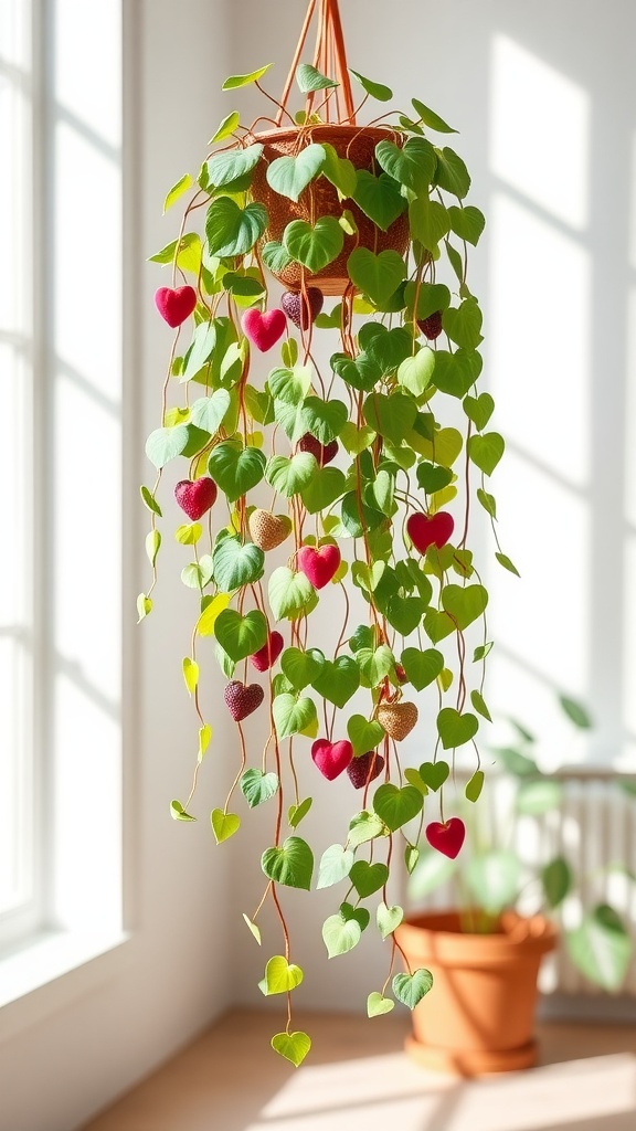 A String of Hearts plant with heart-shaped leaves hanging in a bright room