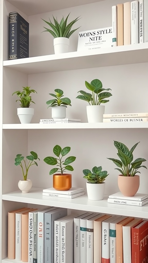 A shelf displaying various small house plants in modern pots alongside books.
