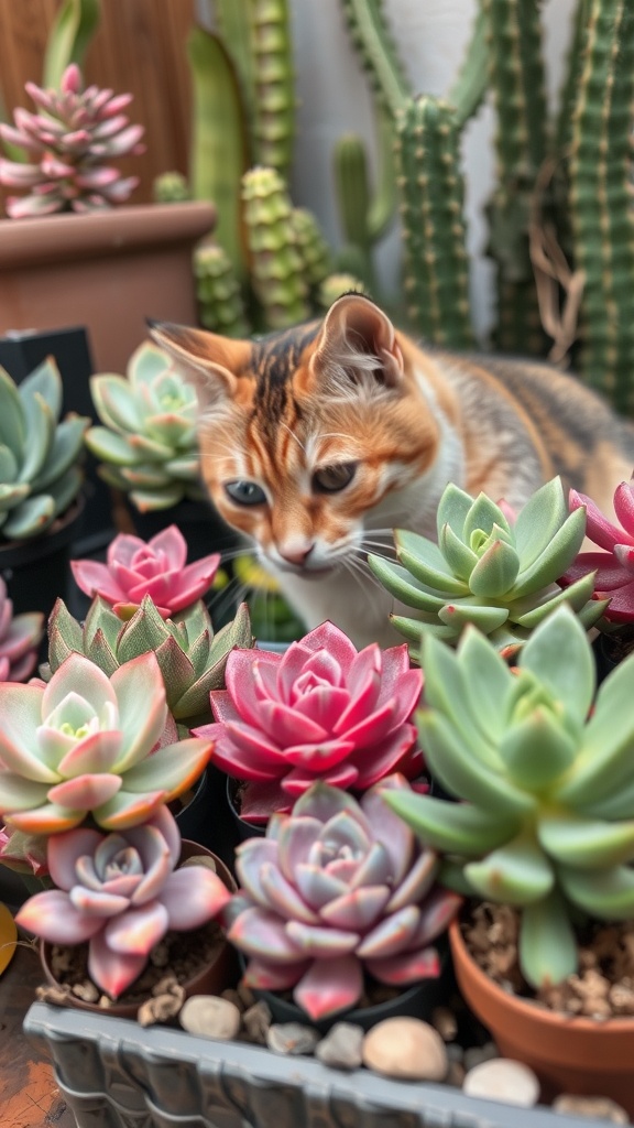 A playful cat surrounded by colorful succulents in pots