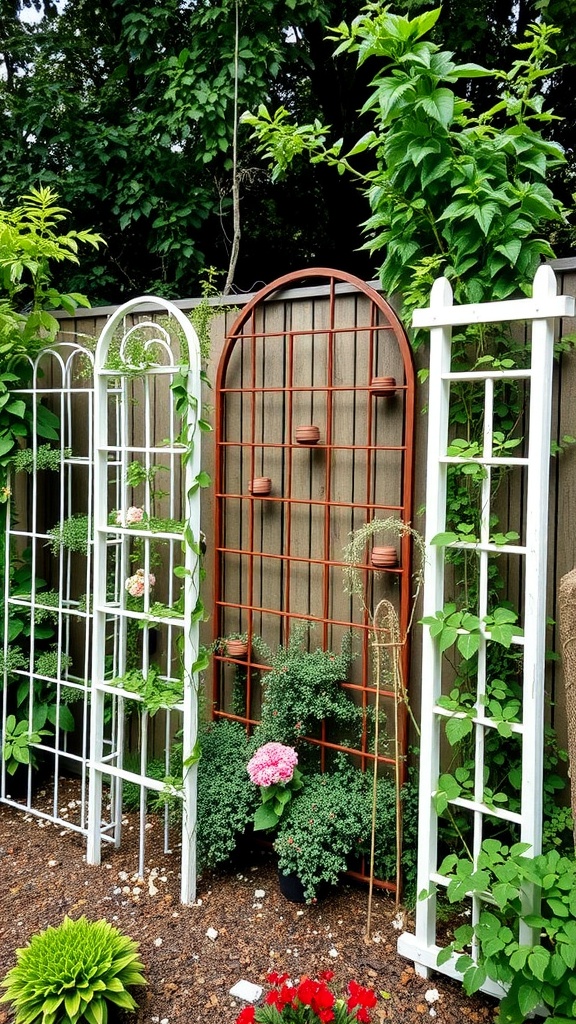 Three trellises in a garden with climbing plants, showcasing a green outdoor space