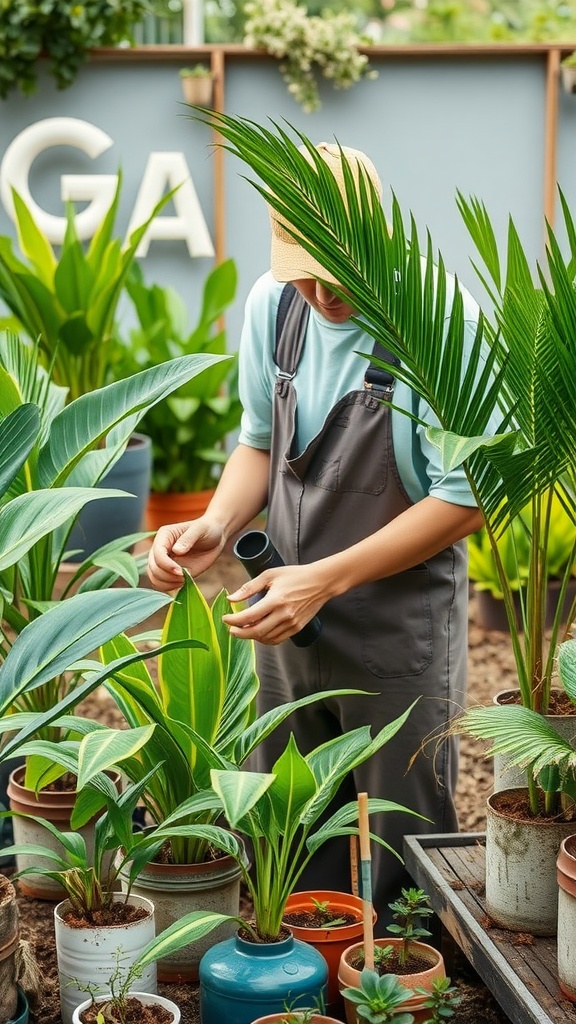 Person tending to tropical potted plants in a garden setting
