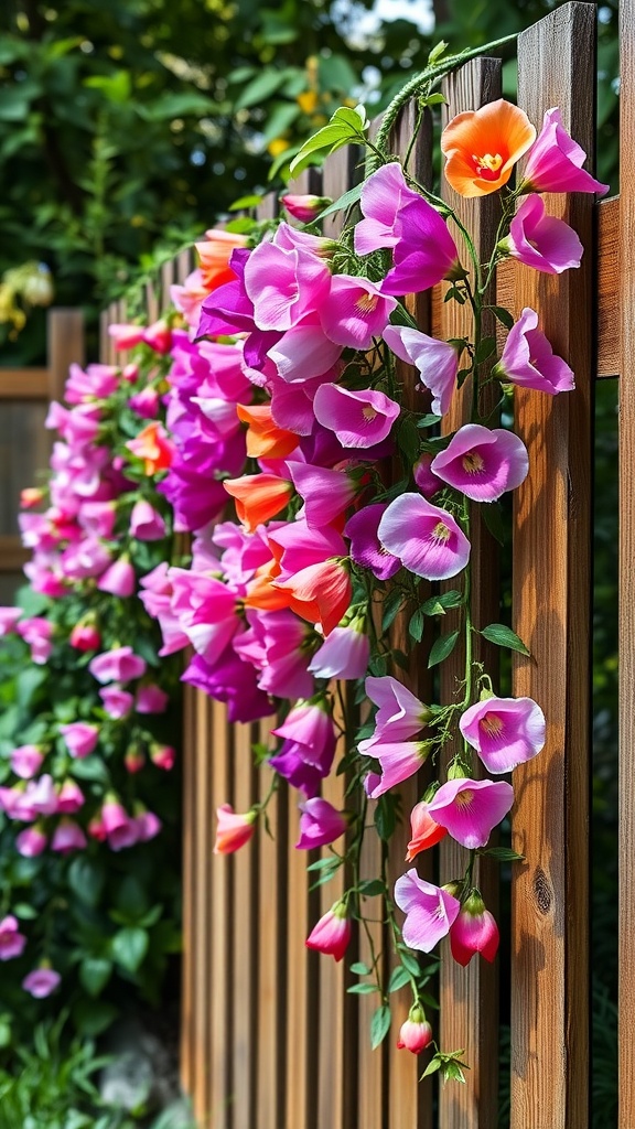 Colorful sweet pea flowers climbing up a wooden fence.