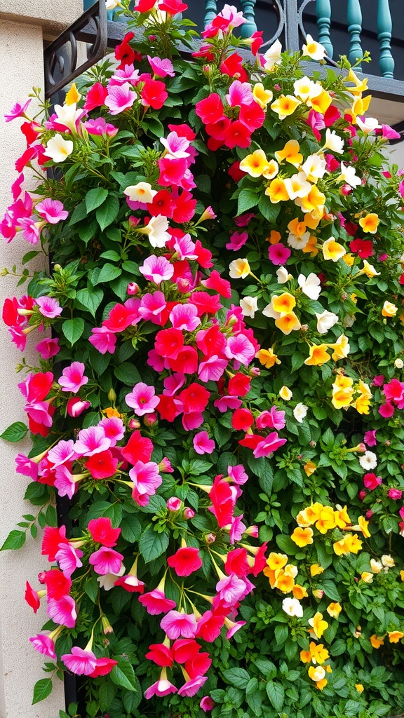 Colorful flowering climbing plants in pink, yellow, and white blooming against a wall.