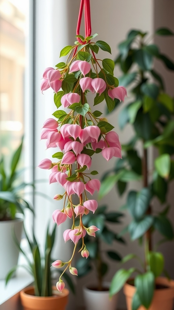 A hanging Pink Pothos plant with bright pink leaves and green background plants.