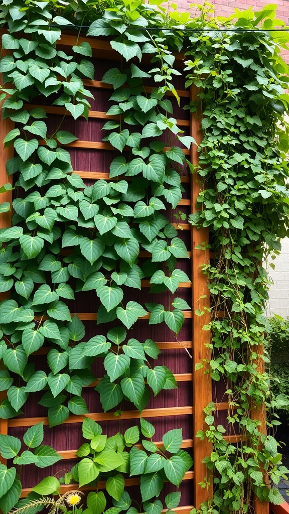 A wall covered with climbing plants, showcasing vibrant green leaves on a wooden trellis.