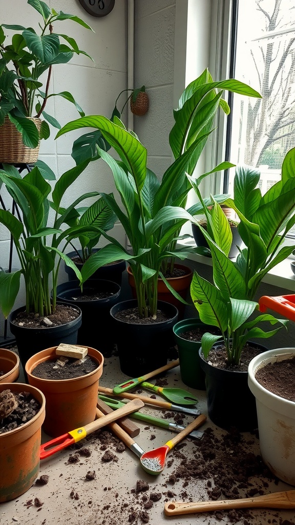 A workspace with tropical plants in pots, soil, and gardening tools.