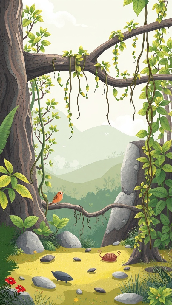An illustration of a lush ecosystem featuring climbing plants, a bird, and small creatures in a natural setting.