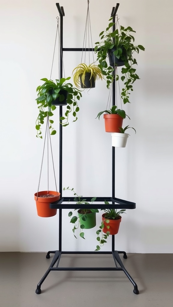 A tiered black plant stand with various hanging plants in colorful pots, showcasing a multi-level display.