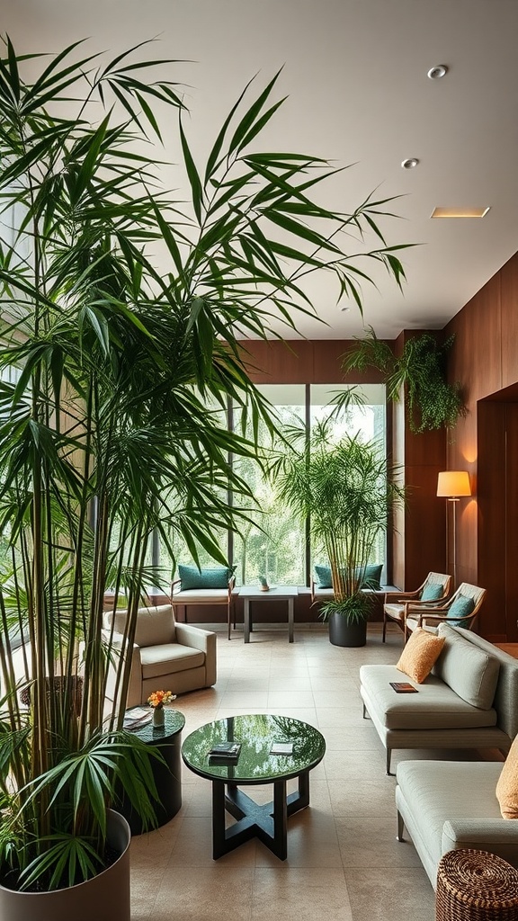 A cozy indoor space featuring large tropical bamboo plants alongside comfortable seating and modern decor.