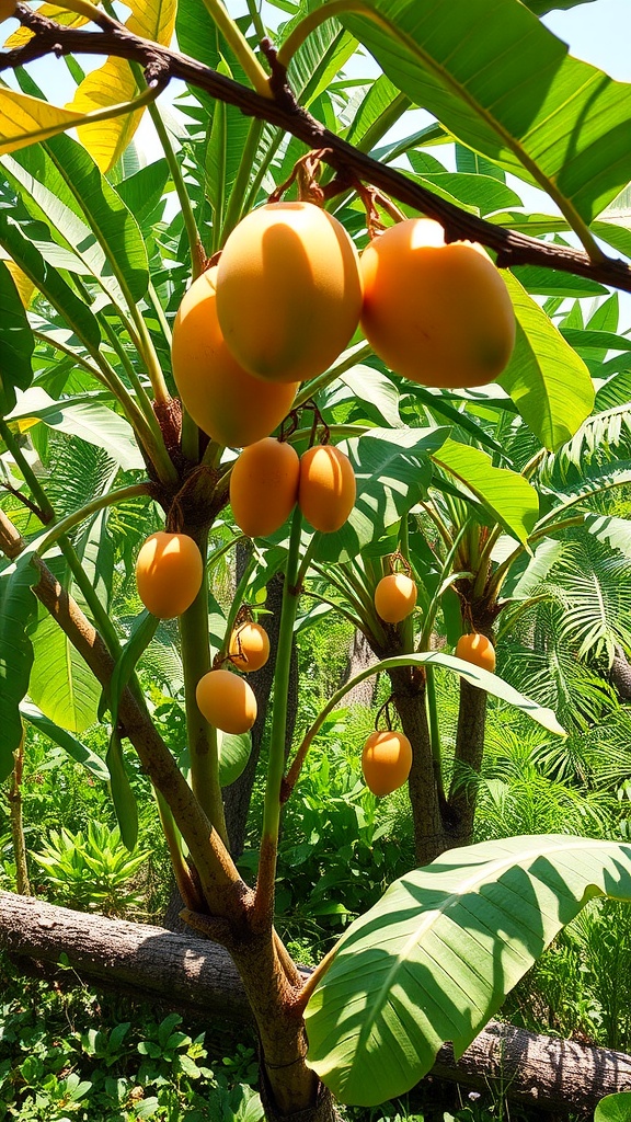 A tropical fruit tree with golden fruit hanging among large green leaves.