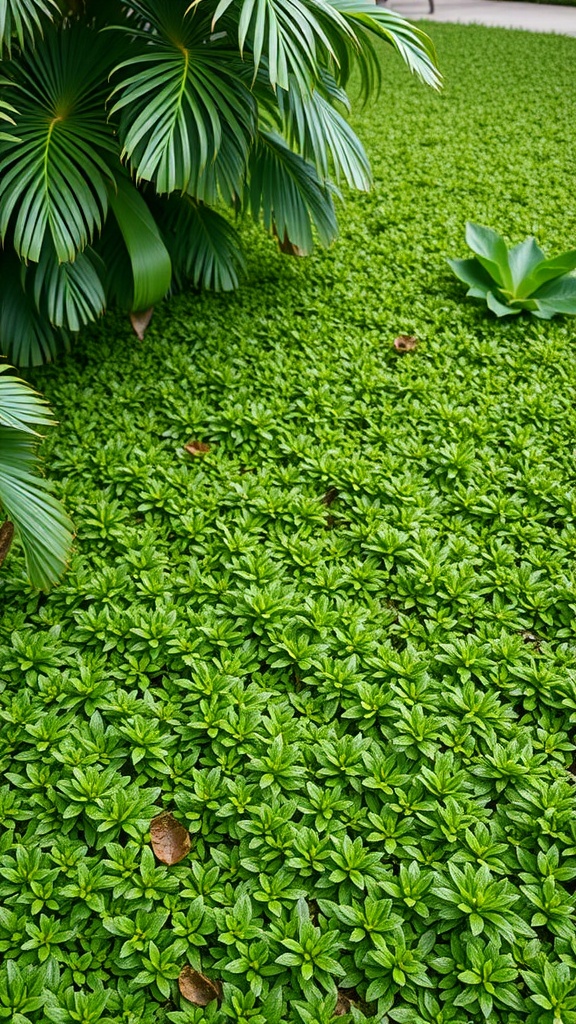 Lush tropical ground cover with diverse green foliage