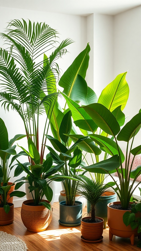 Indoor space filled with various tropical potted plants, showcasing tall leaves and vibrant greens.