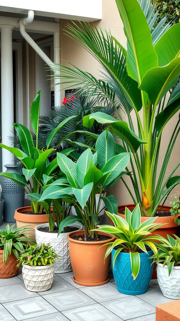 A collection of tropical plants in colorful pots arranged on a patio.