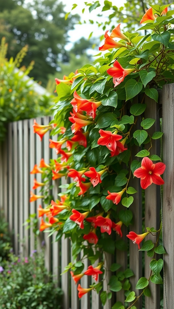 A vibrant trumpet vine with orange flowers climbing over a wooden fence in a lush garden.