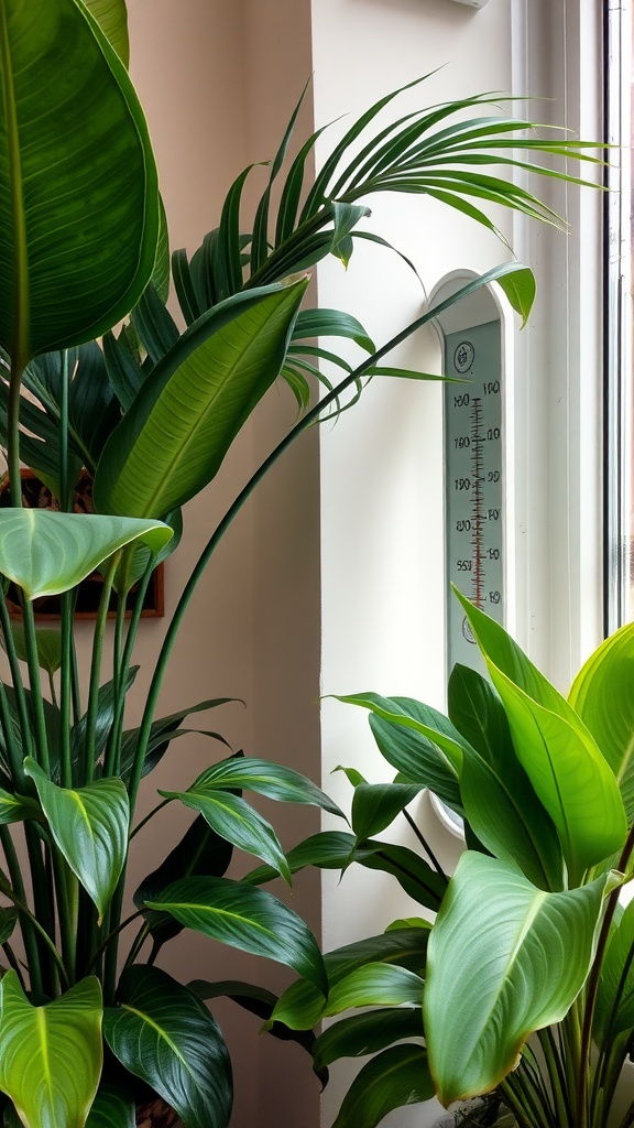 Lush tropical plants near a humidity gauge, illustrating the importance of humidity for indoor plant care.