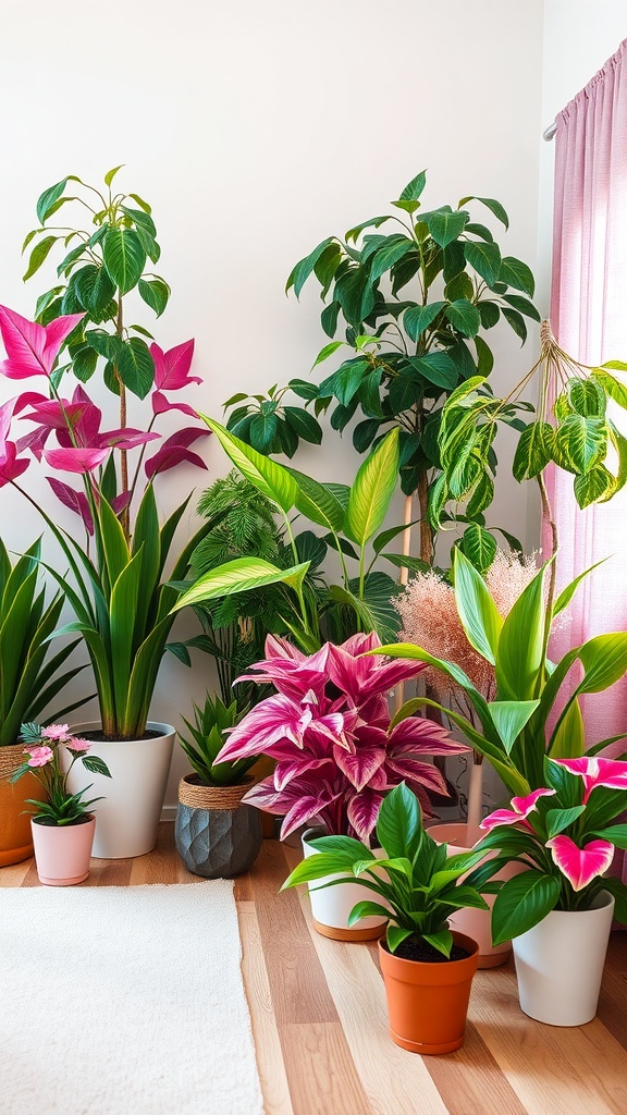 A collection of pink house plants in various pots, showcasing green leaves and vibrant pink foliage, arranged in a cozy indoor setting.