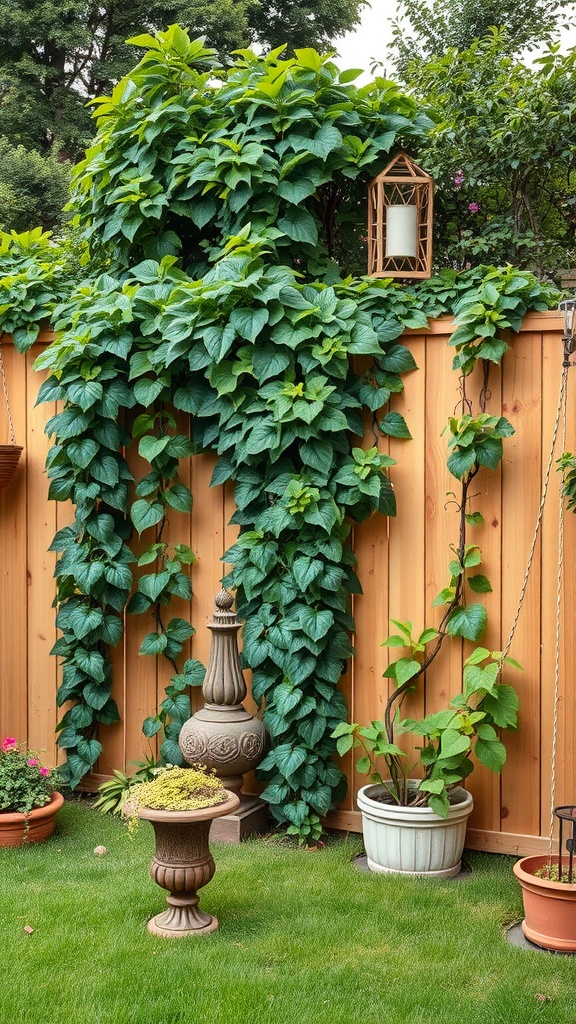 Green climbing plants on a wooden fence with decorative lanterns and planters