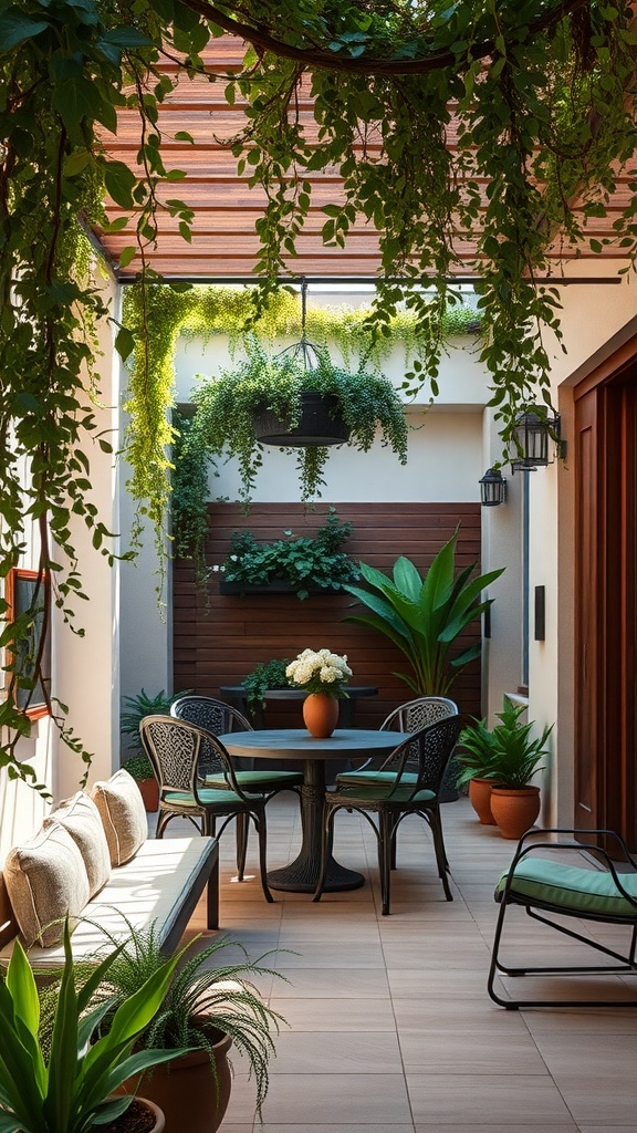 An outdoor living space with climbing plants, a round table, and comfortable seating.