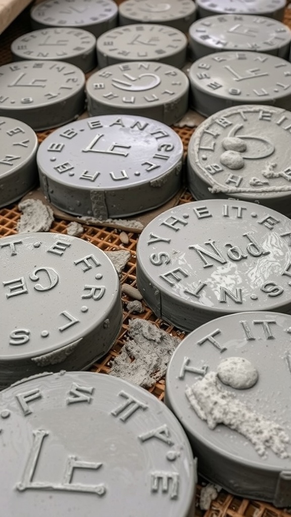 Gray concrete molds for garden stepping stones with letters and designs