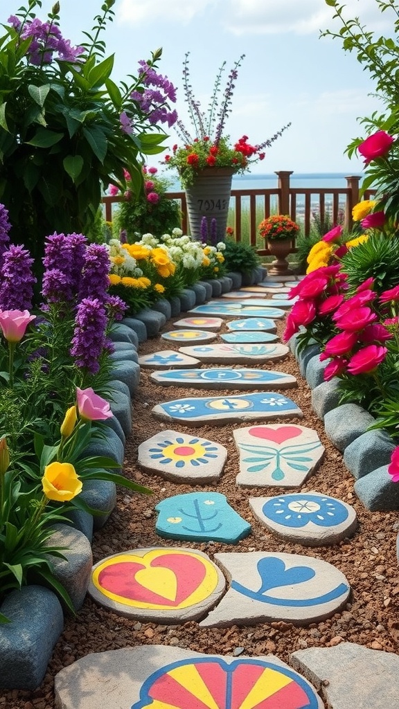 Colorful painted stepping stones surrounded by vibrant flowers in a garden.