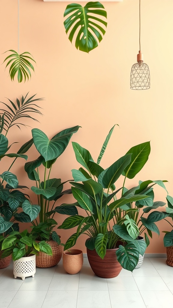 Indoor tropical plants in various pots against a peach wall