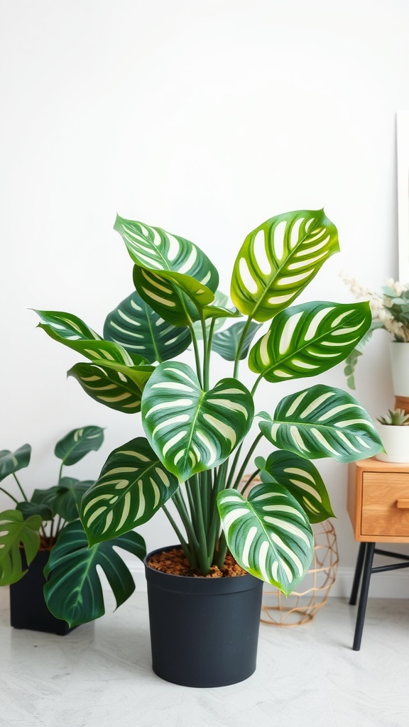 A Variegated Monstera plant with striking green and white leaves in a black pot, placed in a bright room.