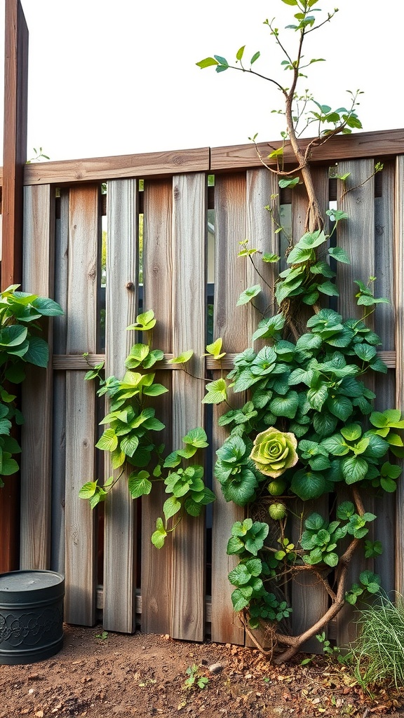 A wooden fence with climbing plants and a small black planter at the base.