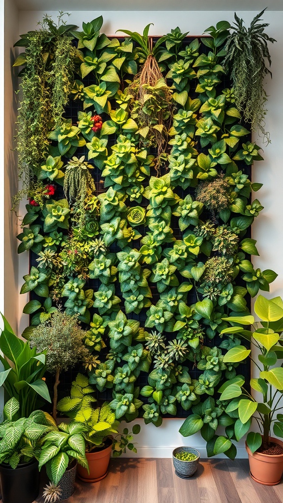 A vertical garden wall filled with various green plants, creating a lush indoor environment.