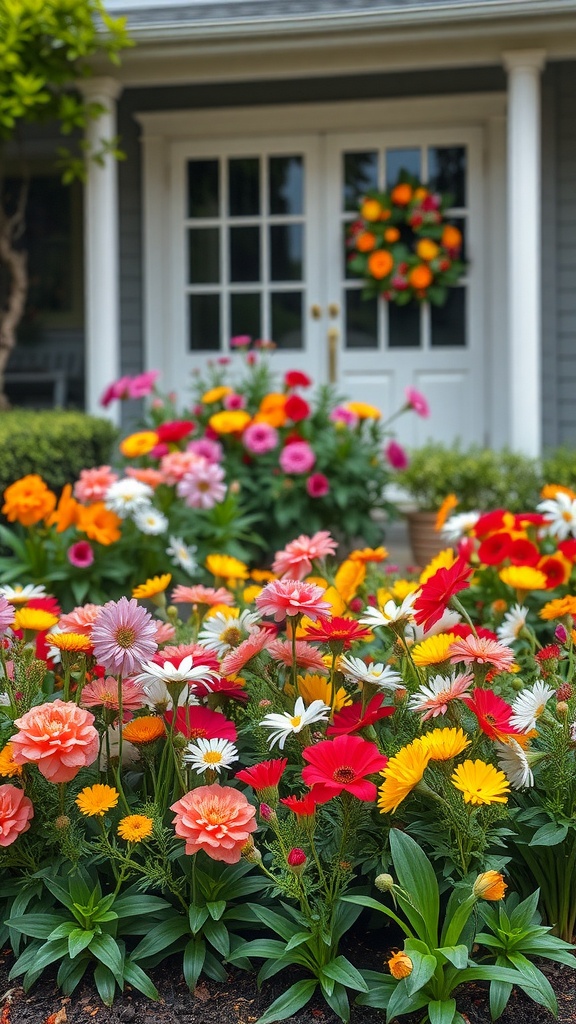 A colorful flower bed with various vibrant flowers in front of a house with a white door and a floral wreath.