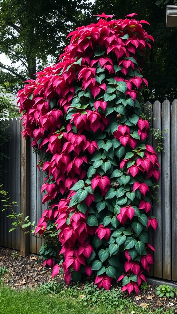 A lush growth of Virginia Creeper climbing a wooden fence, showcasing vibrant red and green leaves.