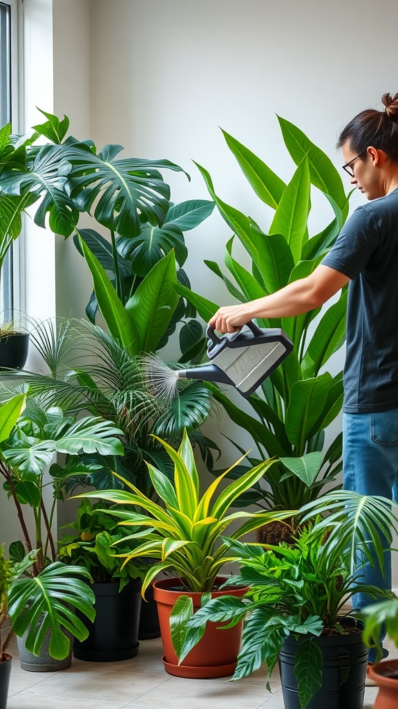 A person watering various tropical plants indoors, showcasing lush greenery and well-maintained pots.