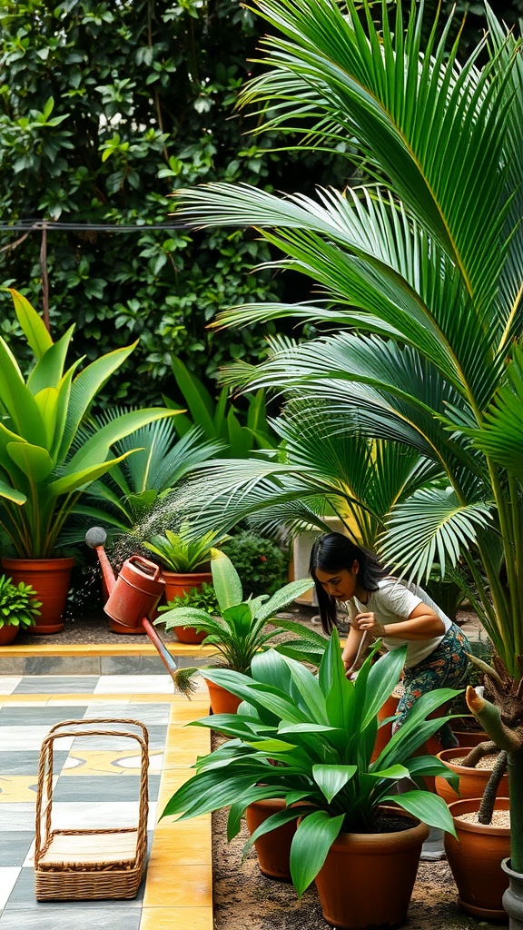 A person watering tropical potted plants in a garden filled with greenery.