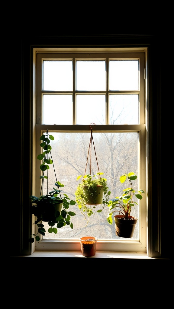 Window sill with hanging planters filled with various plants, showcasing their beauty in natural light.