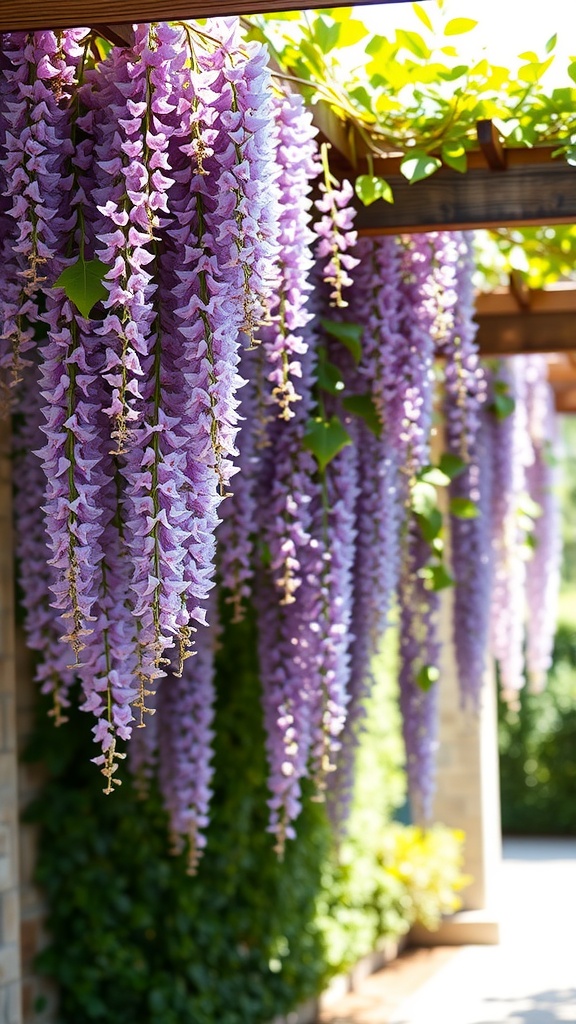 Cascading clusters of purple wisteria flowers hanging from a wooden structure