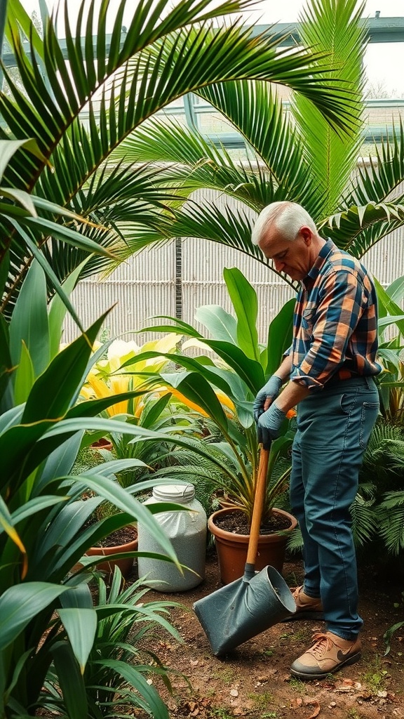 A person caring for tropical plants in an outdoor setting