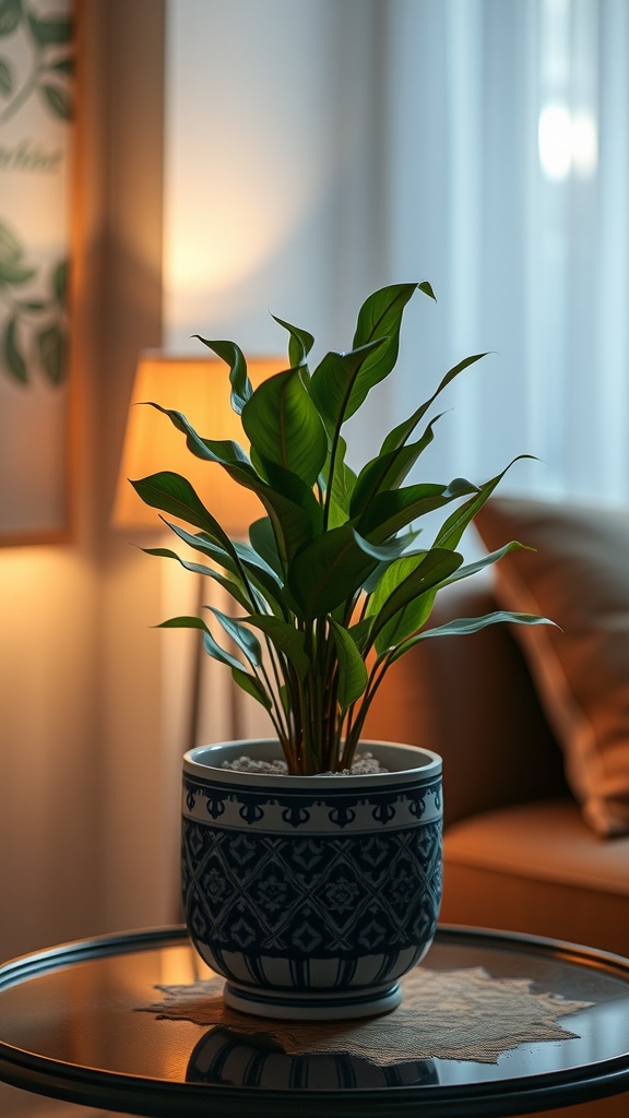 A ZZ Plant in a decorative pot on a table, set in a cozy living room with soft lighting.