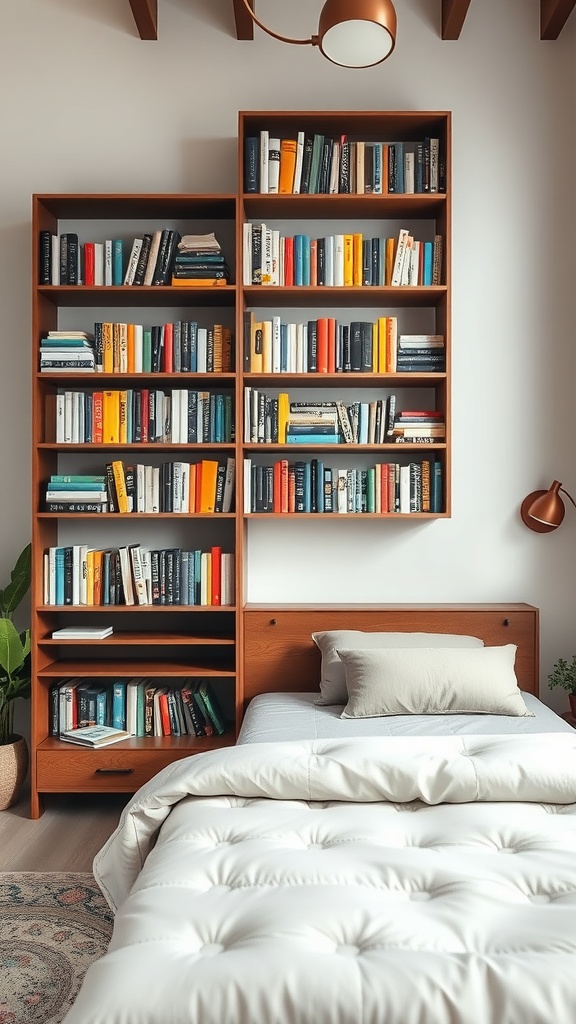 Stylish wooden bookshelf filled with colorful books in a cozy bedroom setting.