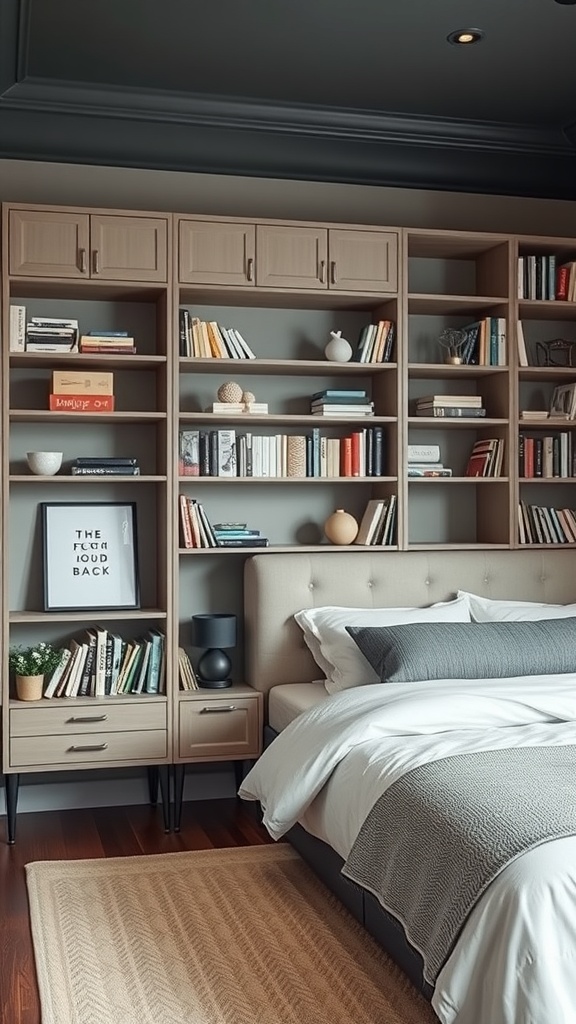 A stylish bookshelf with hidden storage in a bedroom, featuring neatly arranged books and decorative items.
