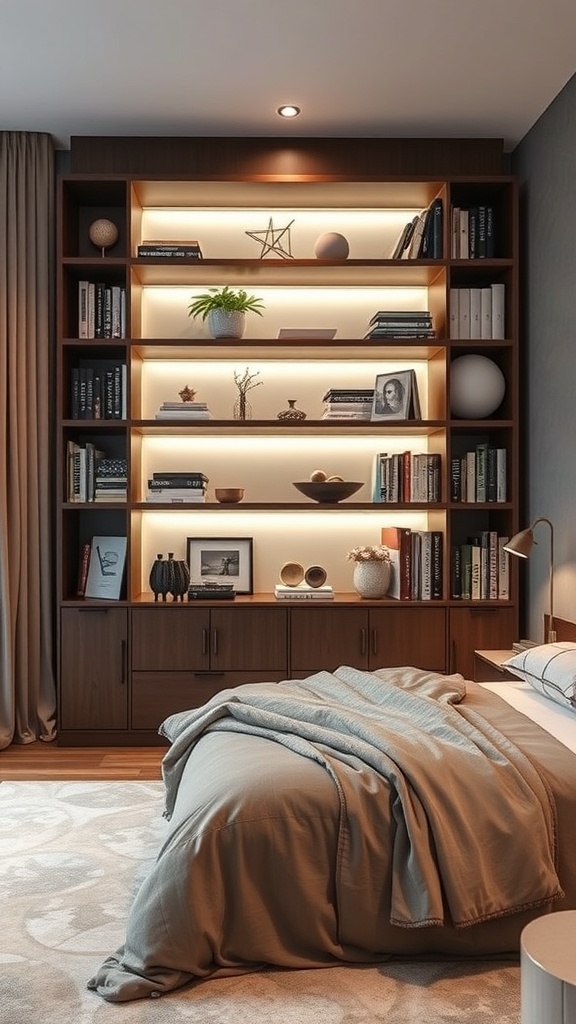 A modern bookshelf with integrated lighting, showcasing books and decorative items in a cozy bedroom setting.