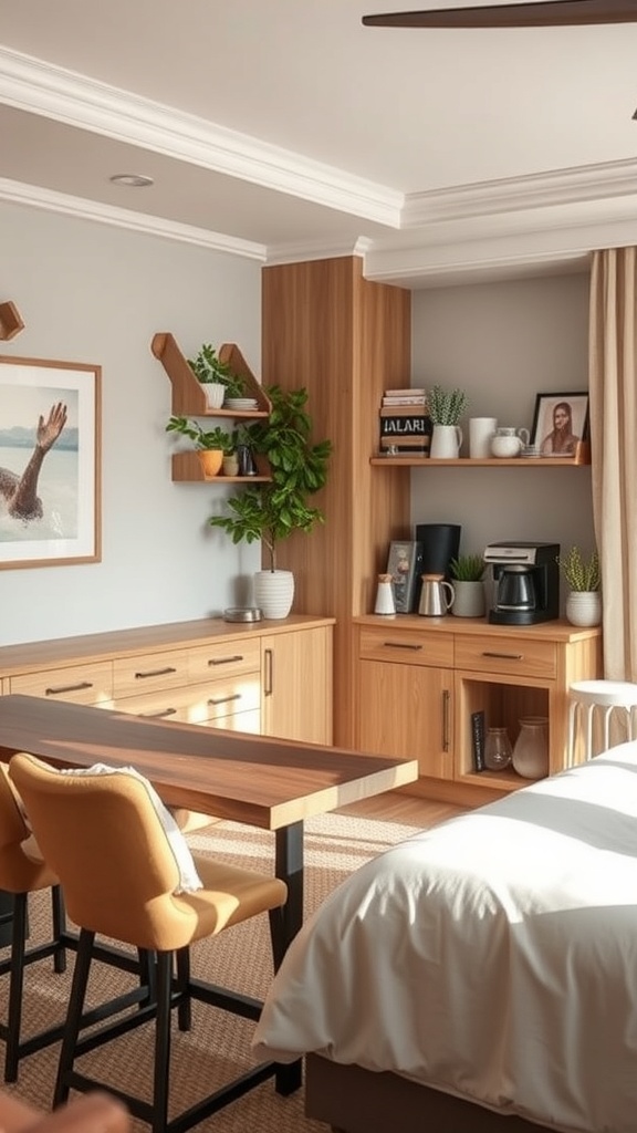 A cozy coffee station with wooden shelves, a coffee maker, and plants, perfect for entertaining guests.