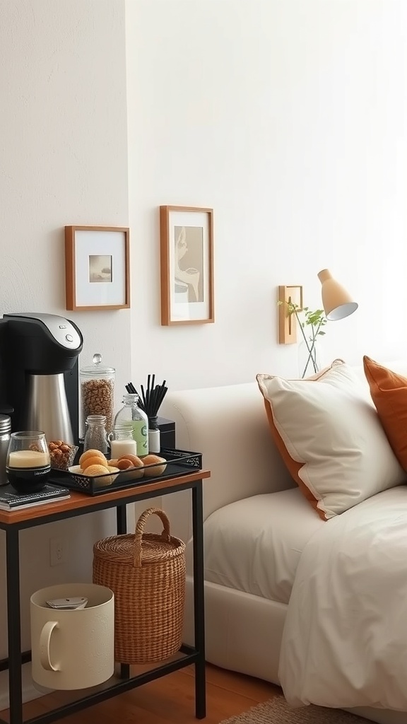 A cozy coffee station with a coffee maker, snacks, and decorative elements.