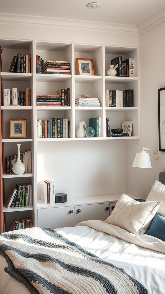 A stylish corner bookshelf filled with books and decorative items in a cozy bedroom.
