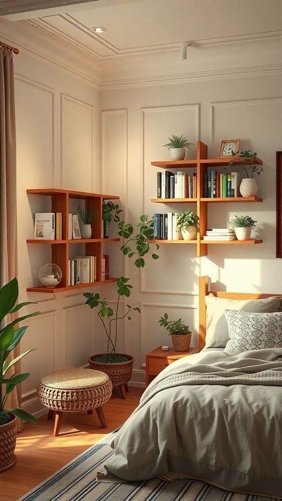 A cozy bedroom featuring corner floating shelves filled with books and plants, creating a warm and inviting atmosphere.