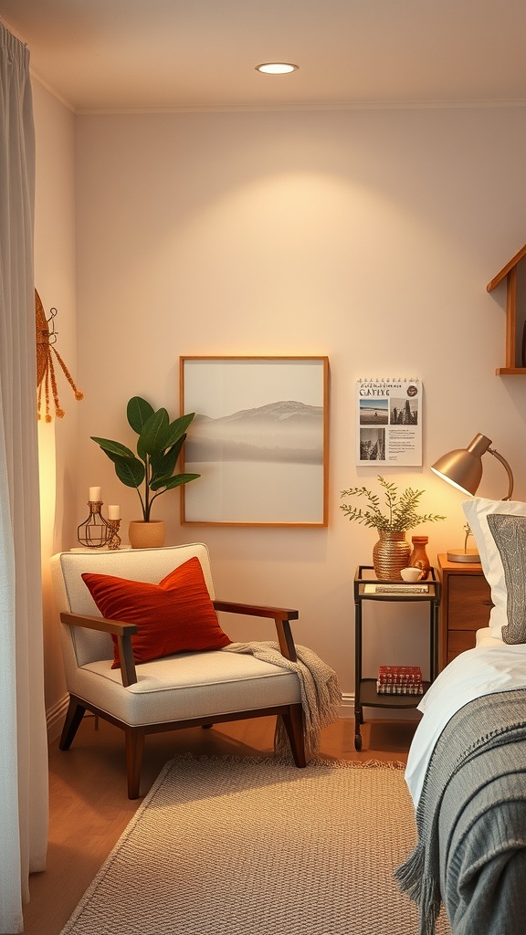 A cozy home coffee nook featuring a comfortable chair, side table, and plants.