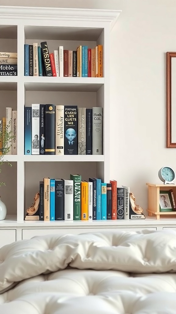 A neatly arranged bookshelf with colorful books and unique bookends.
