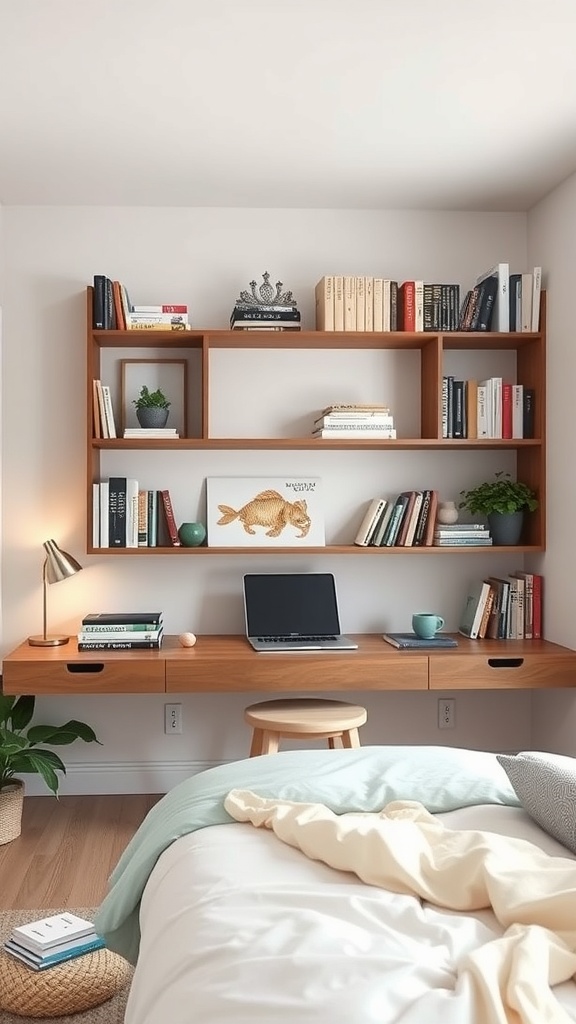 A cozy room featuring a floating bookshelf with built-in desk, displaying books and decorative items.