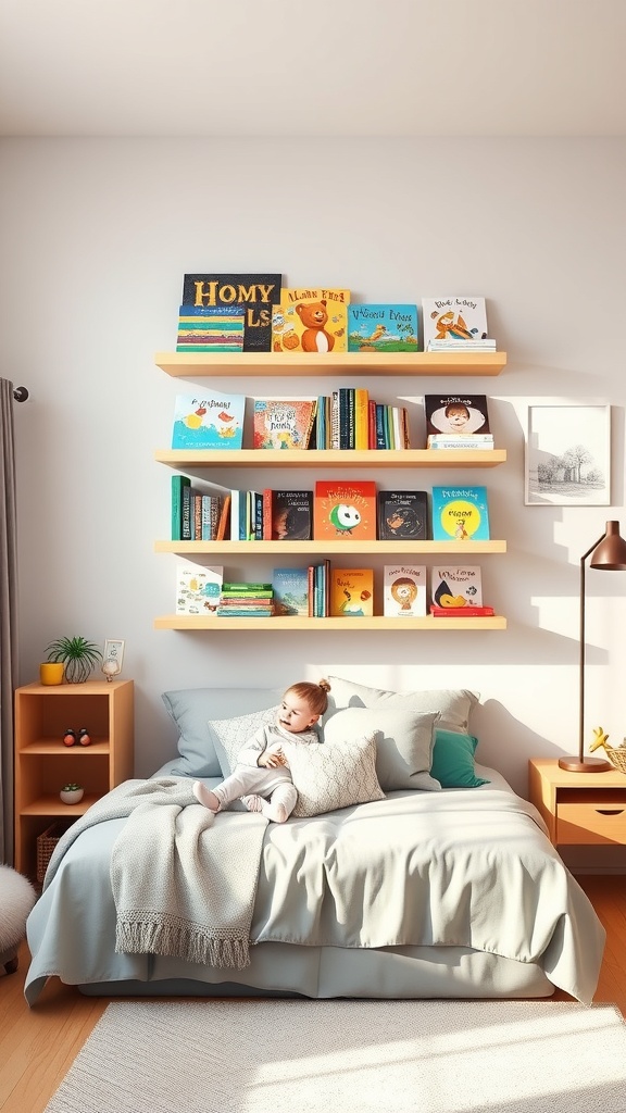 A cozy kids' room with floating shelves filled with colorful children's books, a bed with soft pillows, and warm natural light.