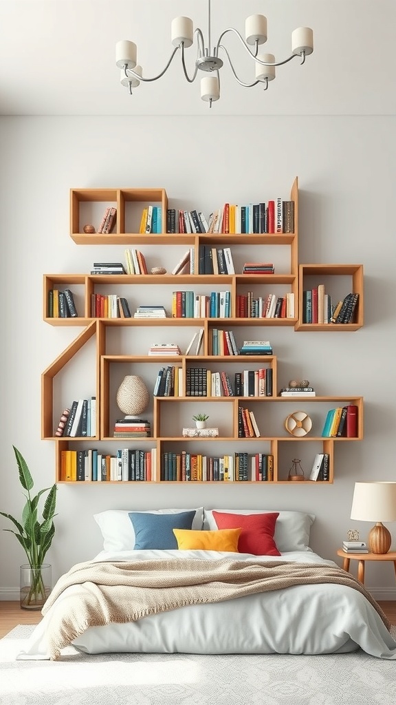 A modern geometric floating bookshelf arrangement above a bed, featuring various books and decorative items.