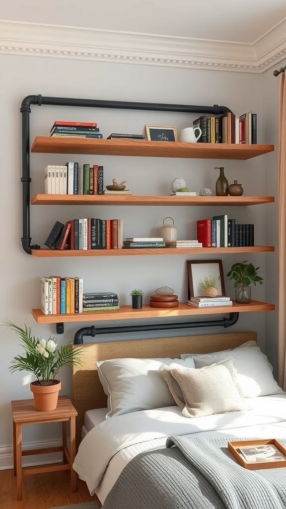 Industrial pipe floating shelves with books and decorative items above a bed